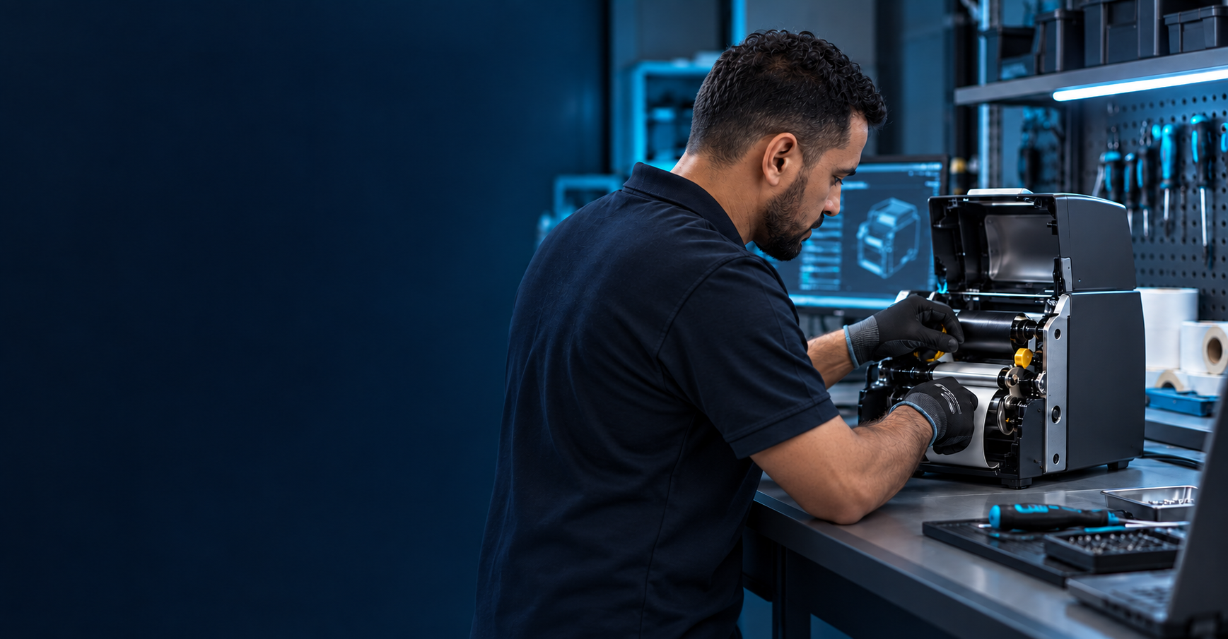 Technicien GPS assurant la maintenance d'une imprimante d'étiquettes industrielle